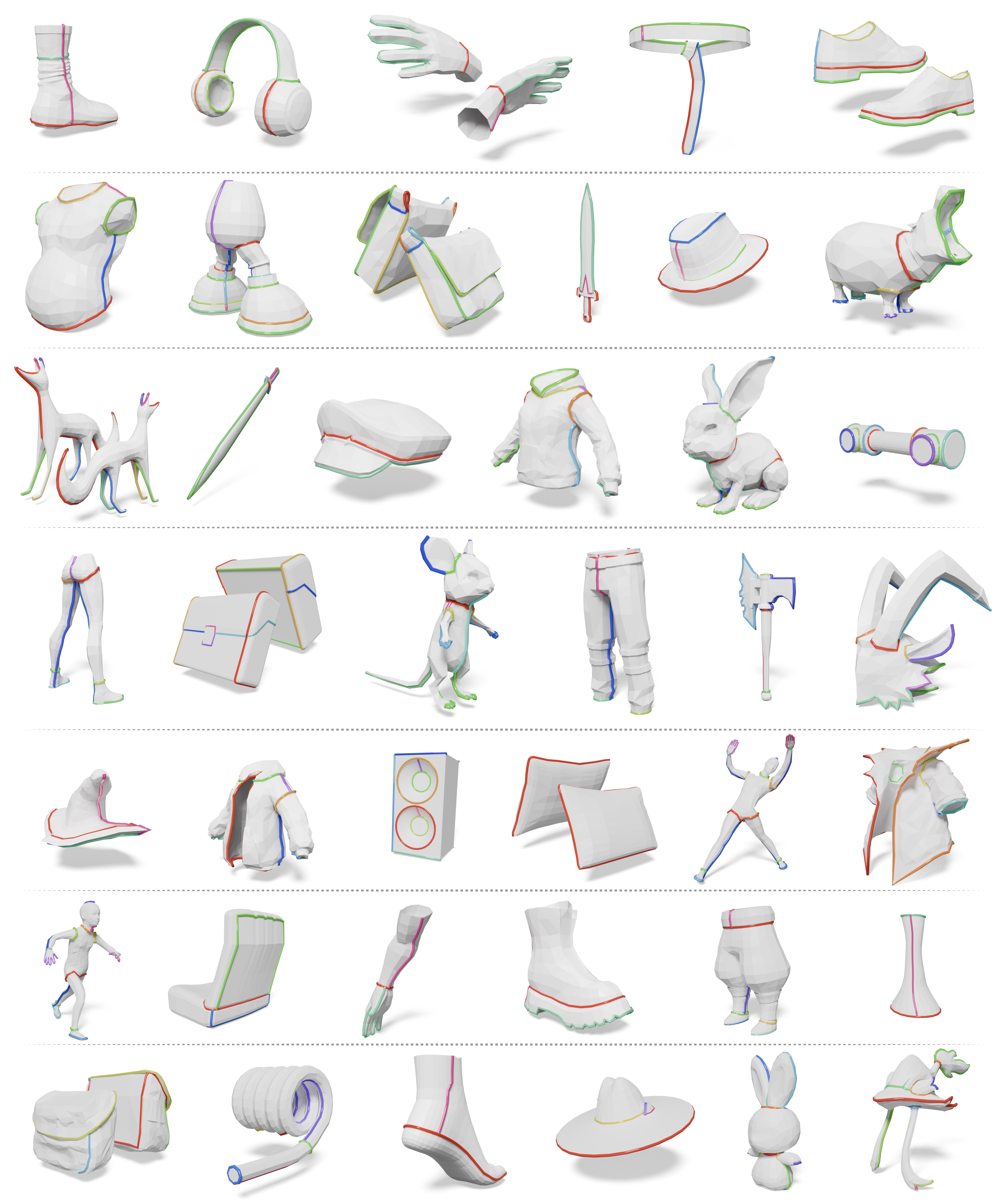 MeshTailor seam results on diverse 3D shapes: colored seam chains on meshes.